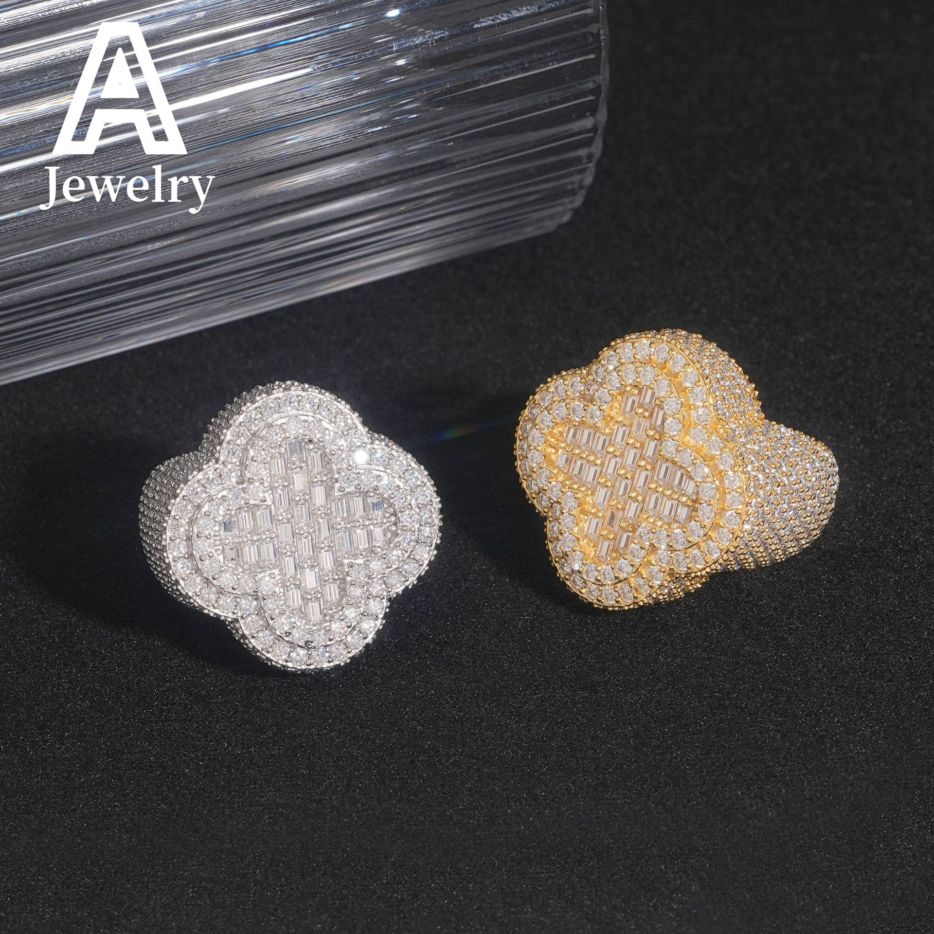 Iced out 18k gold plated baguette cut S925 ring fashion hip hop jewelry four leaf clover ring