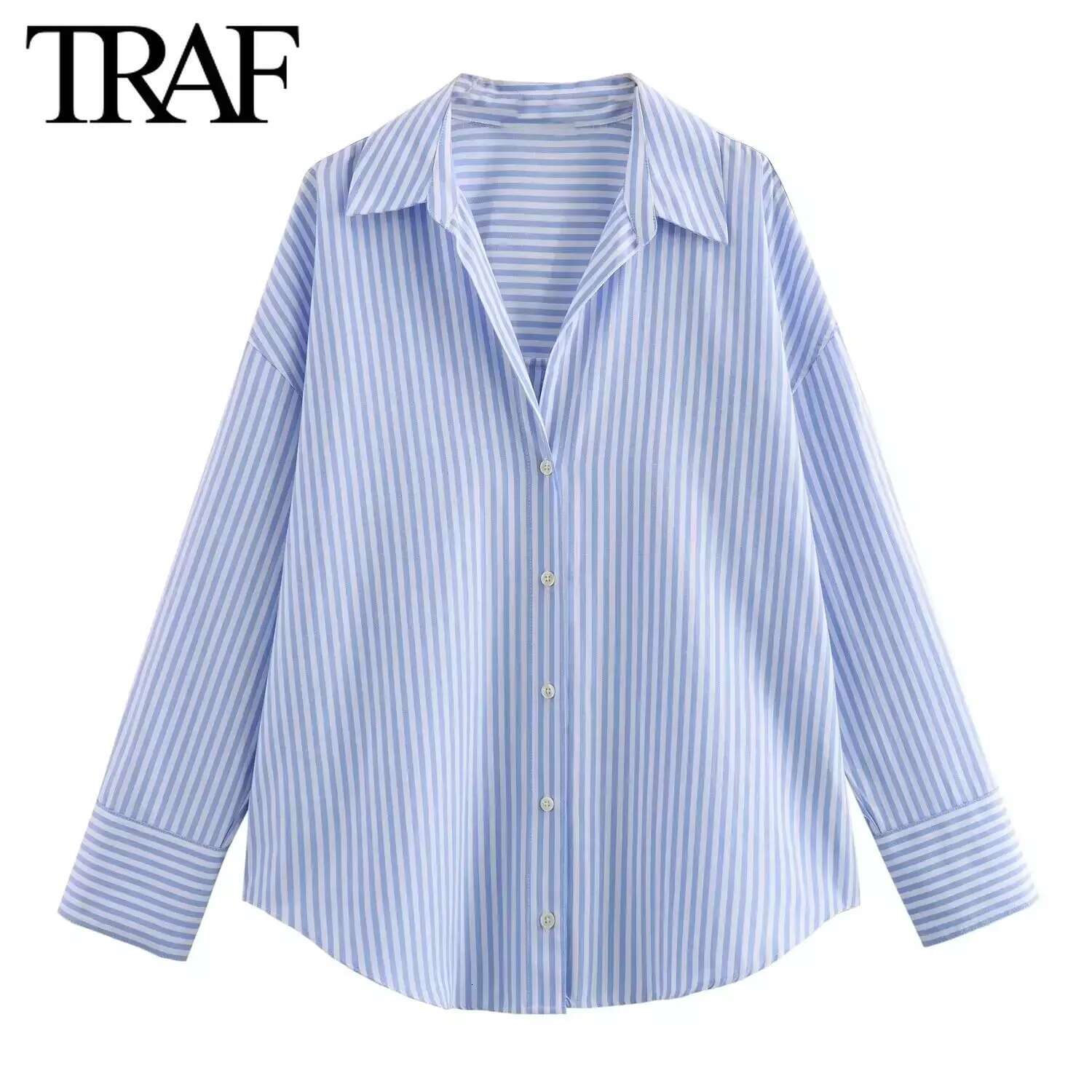 TRAF Women Fashion Spring Cotton Oxford Long Sleeve Single-Breasted Lapel Blouse Street Clothing Shirt Chic Ladies Tops Mujer