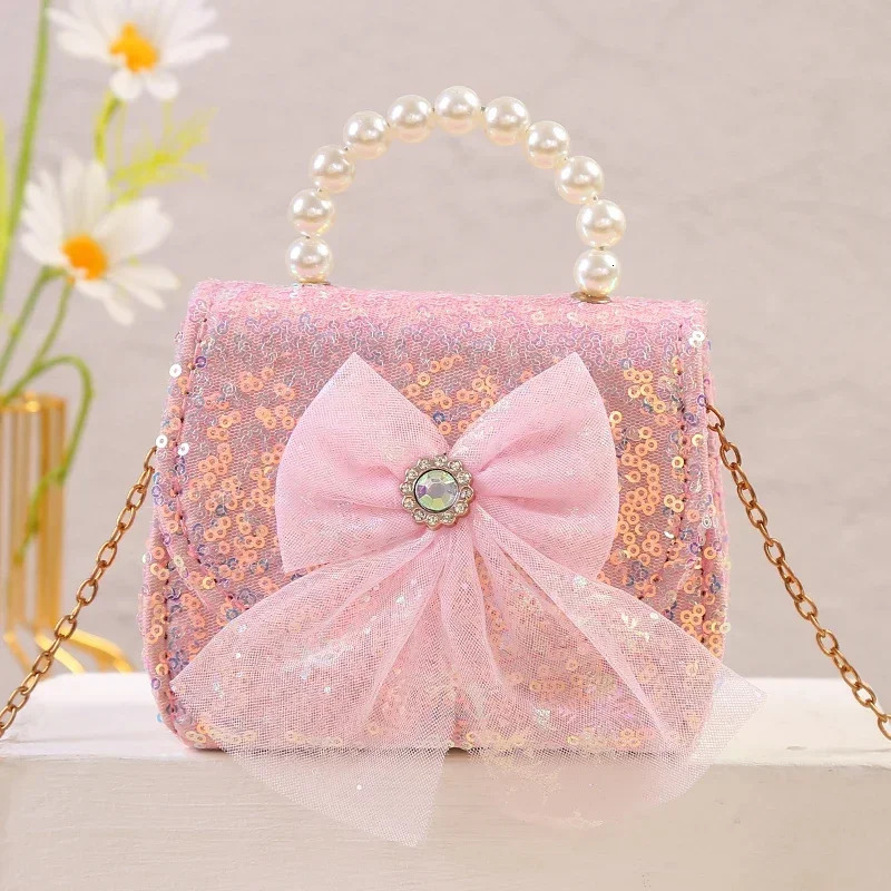 Fashion lace bow childrens shoulder bag pink glitter coin wallet girl pearl handbag Korean princess chain cross body bag 250322