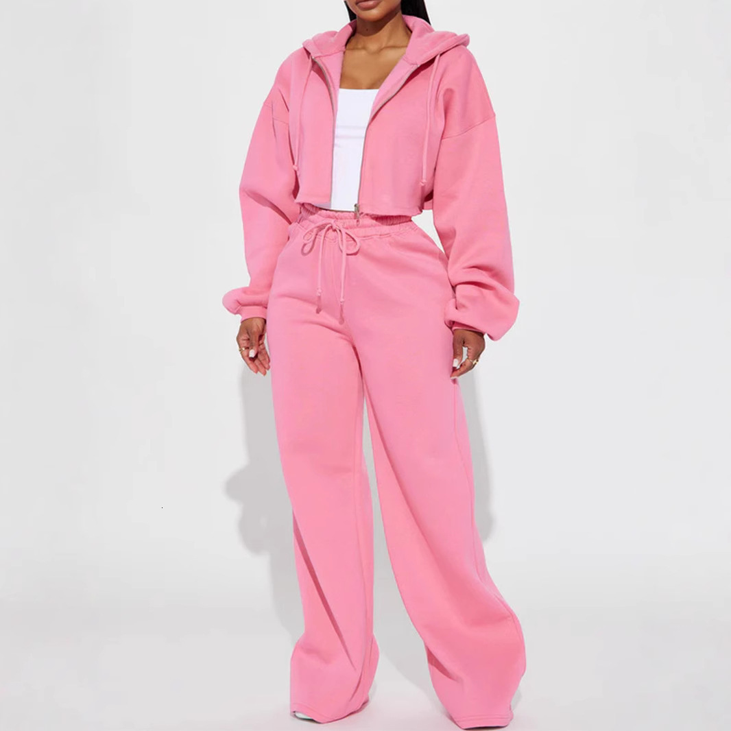 2024 autumn women's casual hooded front zipper sweatshirt wide leg loose pants set