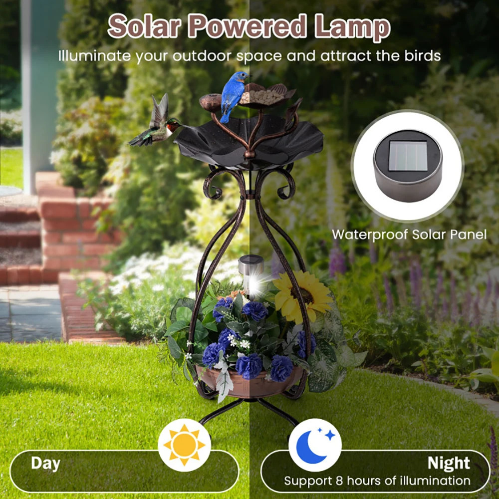 1 pc Solar Outdoor Bird Bath Feeder Combo with Flower Planter Pedestal and Lights 250320
