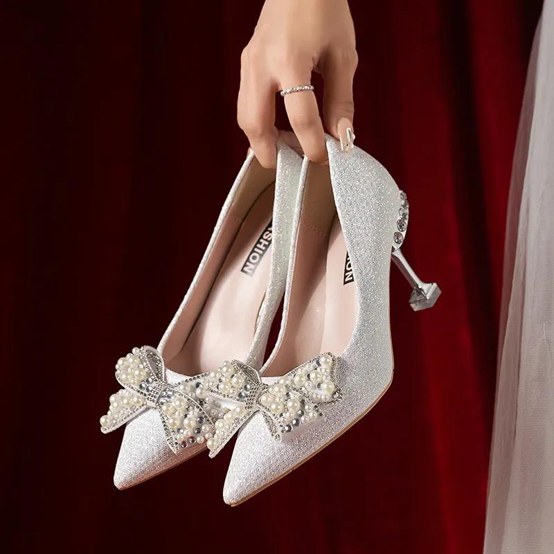 Thin heeled sandals Designer free Shipping shallow high-heeled slippers pearl bow women low cut casual single shoes External penetration