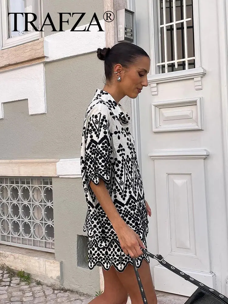 TRAFZA Womens Embroidered Shirt Shorts Set Flip Collar Short Sleeve Casual Side Zipper Street Clothing Y2K 250322