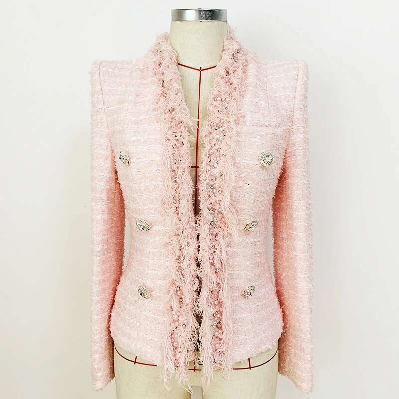 Newest Fall Winter Designer Fashion Women's Dias Buttons Pearl Beaded Tassel Fringed Tweed Jacket