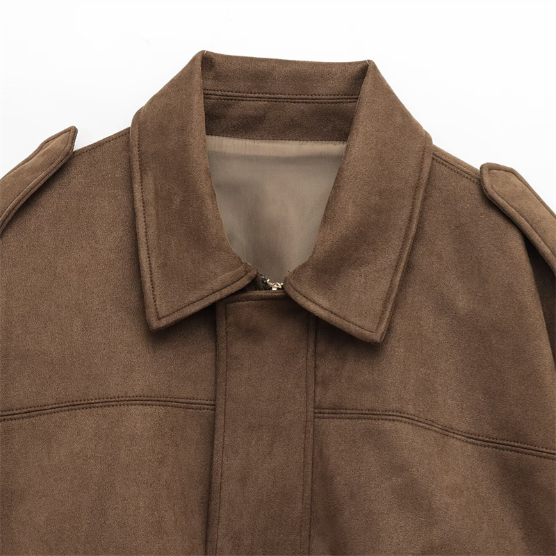 2025 Spring Casual Women's Clothing Fashion Bat Sleeve Collar Suede Texture Effect Pilot Jacket Solid Color Decoration
