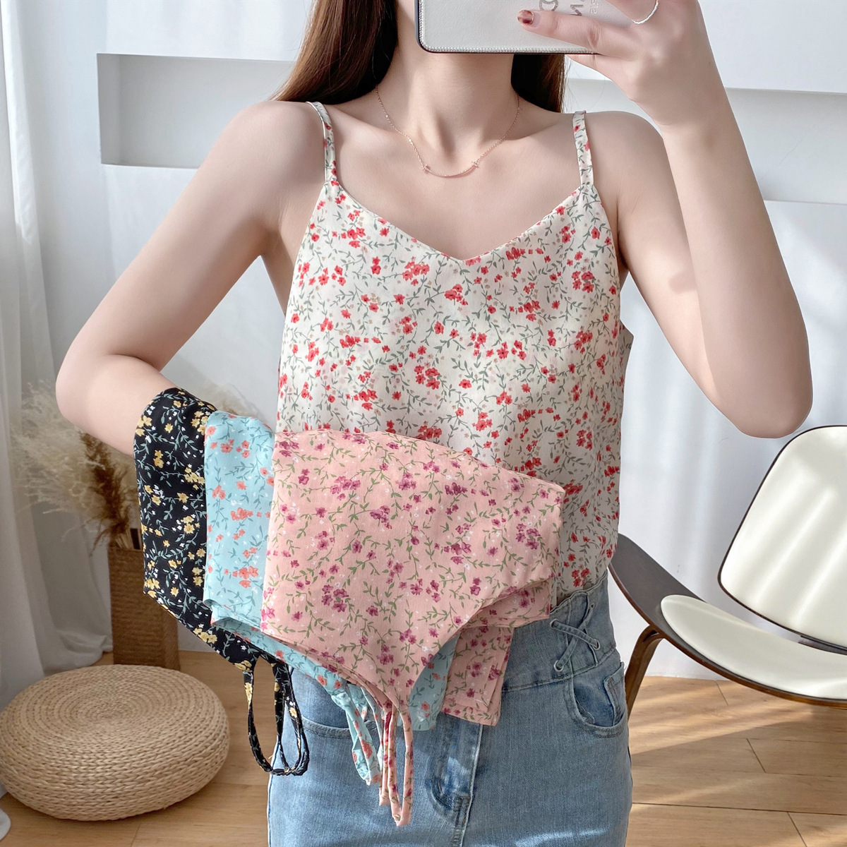 Korean Version Versatile Loose Camisole For Women In Summer 2025 Wearing Chiffon Small Floral Bottom Vest And Top Inside Trendy Trend