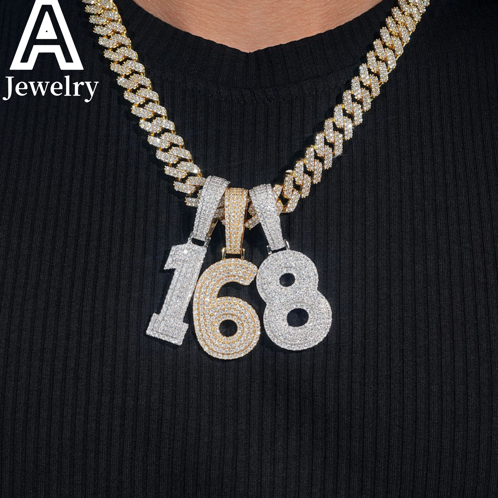 Iced out hip hop fashion jewelry 0-9 number pendants moissanite custom initial pendant 925 silver jewelry