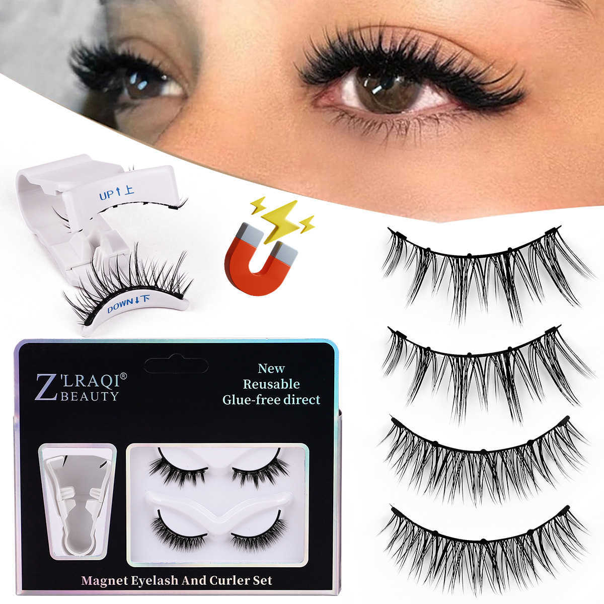 Magnetic eyelash suction integrated strong magnetic glue free black stem thick false eyelash set W250324