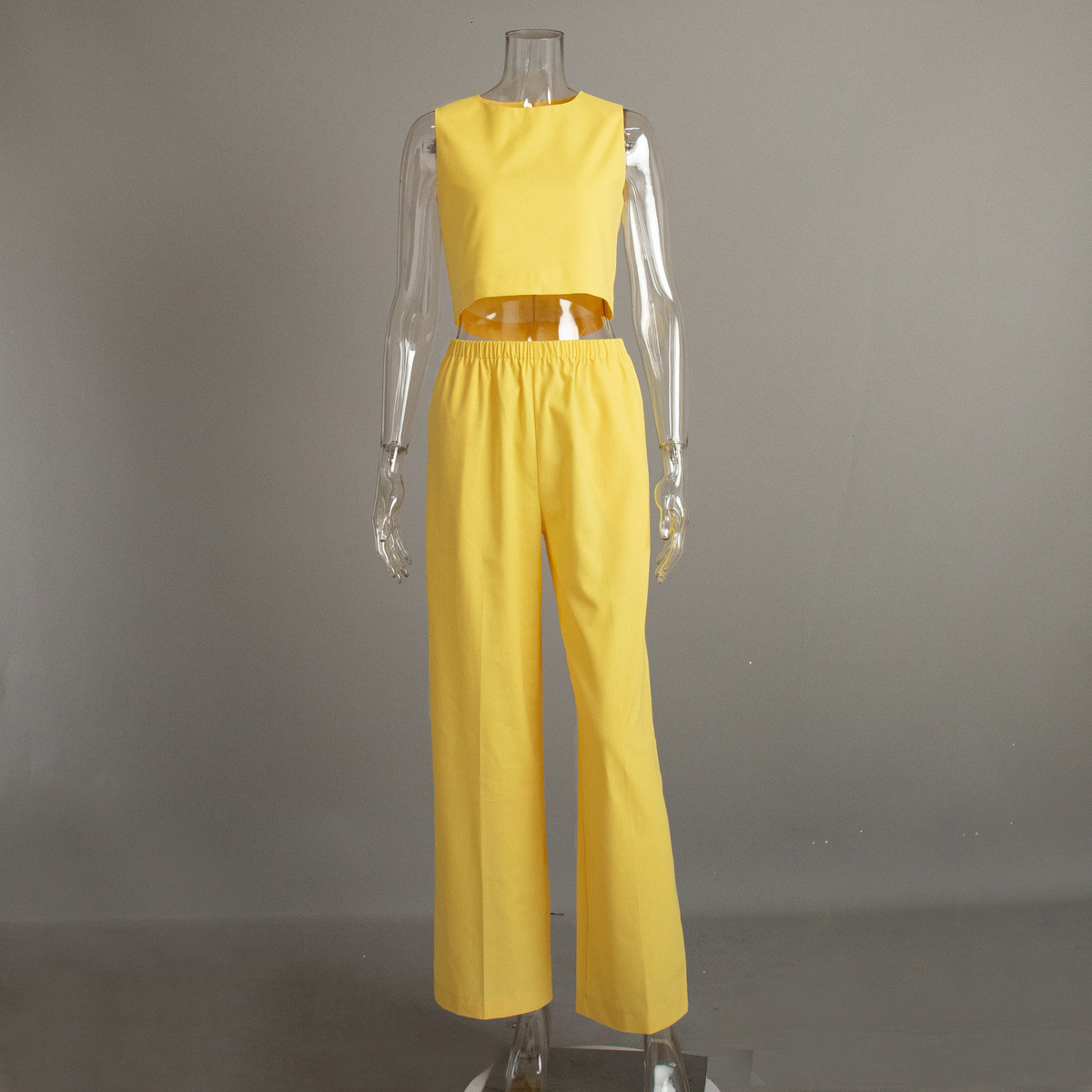 Cotton and linen spring/summer 2025 new sleeveless short top+wide leg pants set for women