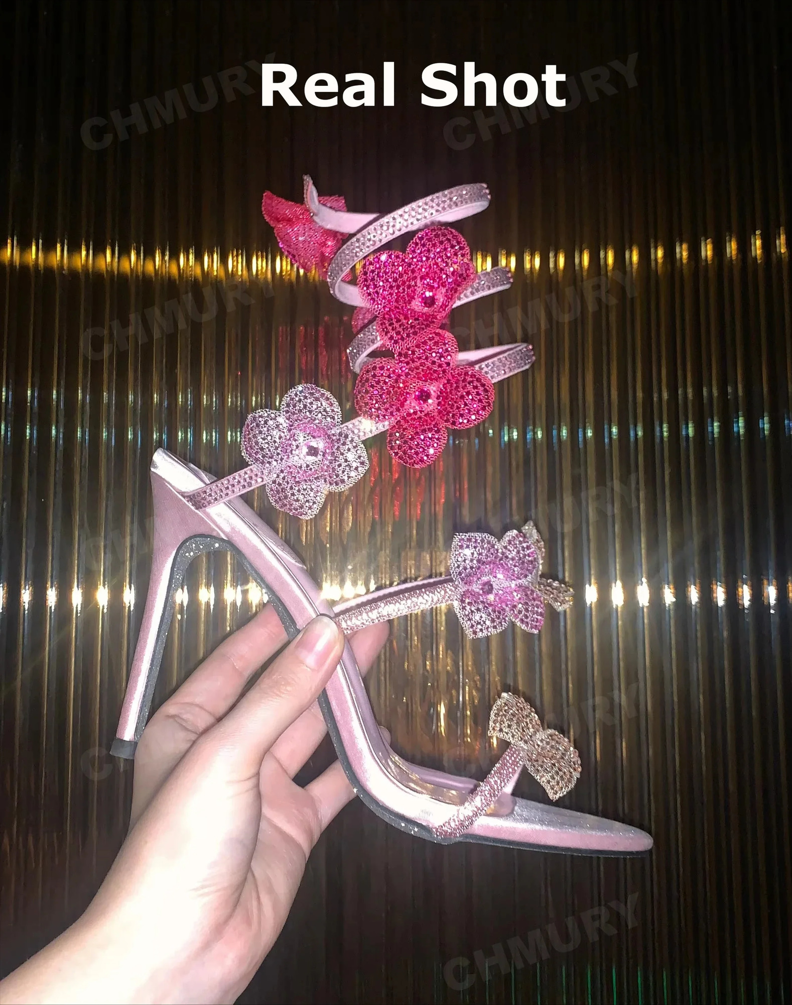 CHMURY Pink Flower Rhinestone High Heels Sandals Shoes Sexy Rose Red er with Wrap Strap for Women Prom Party 250322