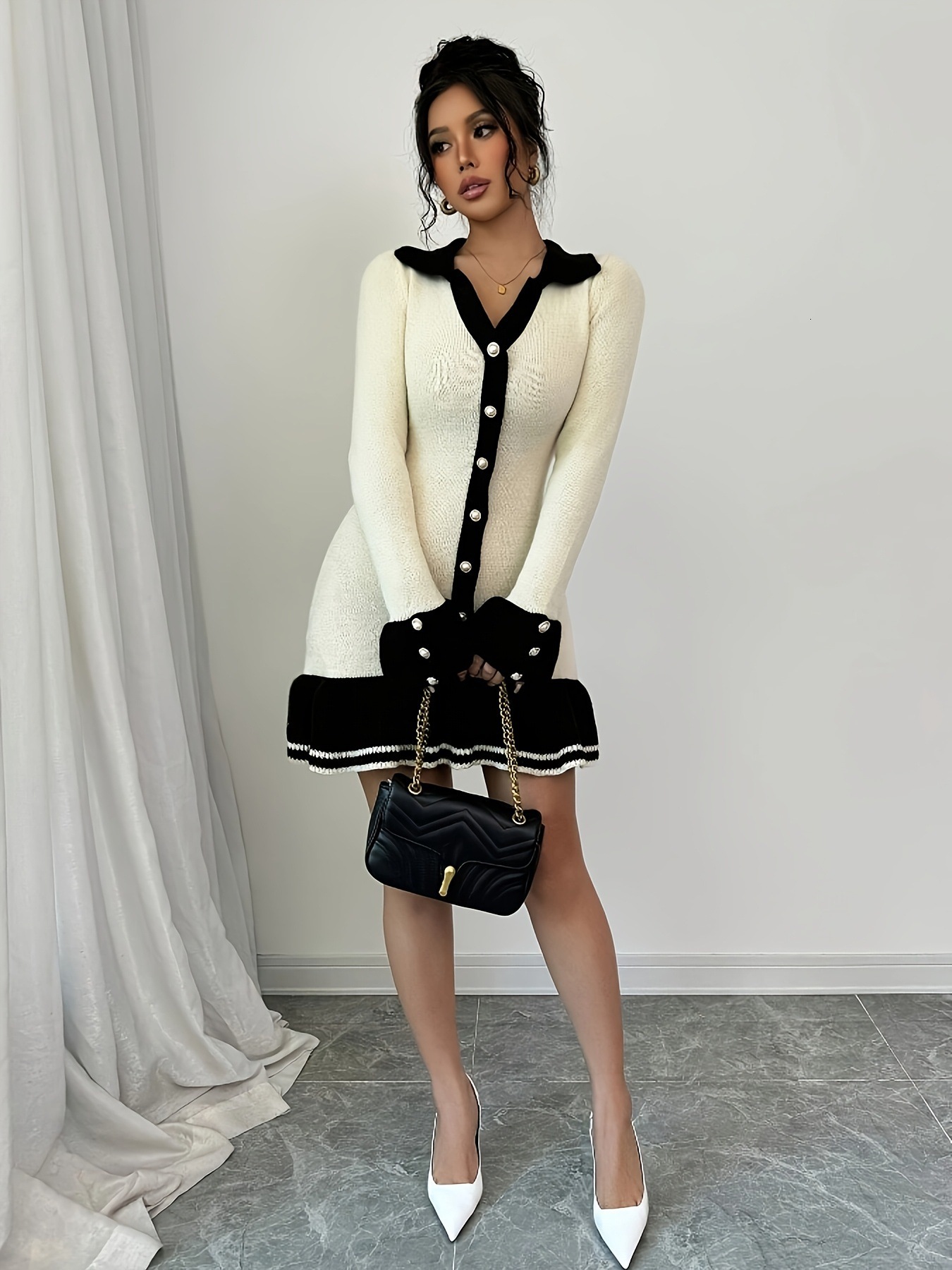 Knitted long sleeved new ruffle edge slim fit V-neck autumn and winter dress with a small fragrance