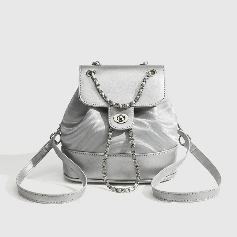 Womens Silver Backpack Summer Korean Niche Water Ripple Versatile Chain School Bag 250318