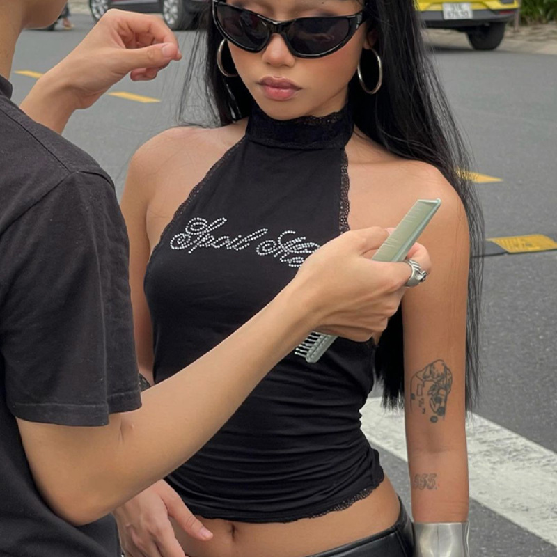 2025 New Lace Designer Vest Paired With Hot Diamond Letters For Spring Slim Fit Women's Sexy Open Neck Top