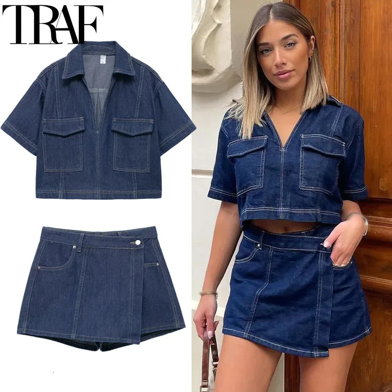 TRAF 2024 Mini Skirt 2 Piece Set Asymmetric Short Pants Cropped Blouse Denim Summer Casual Womens Two Pieces 250322