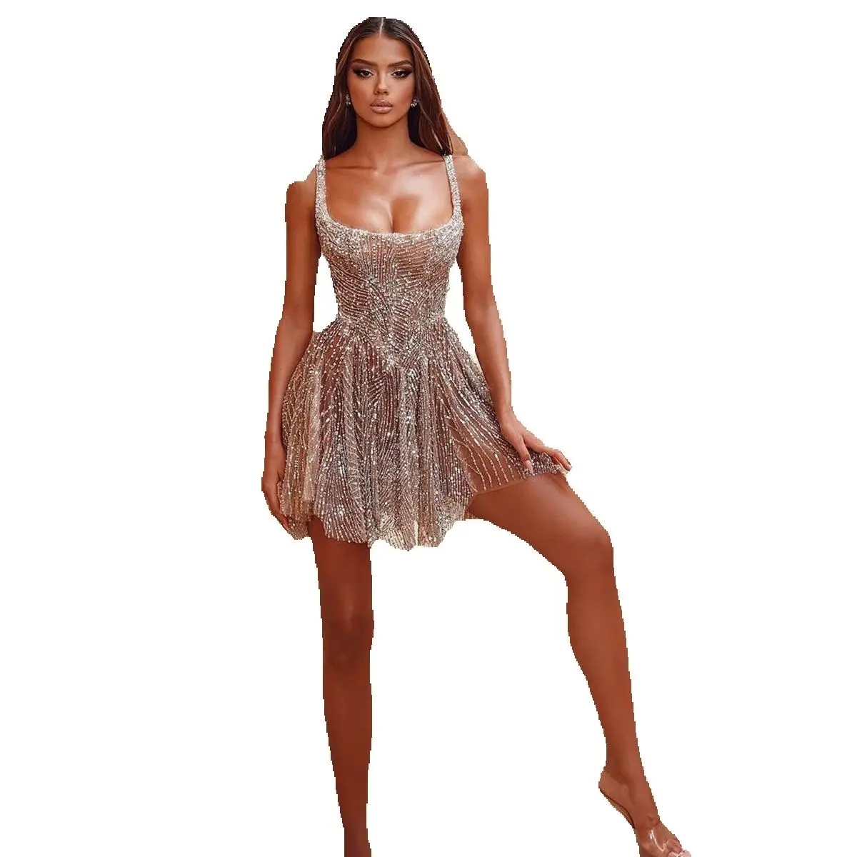 Sexy Beaded Short Prom Dress Fashion Sleeveless Square Neck Formal Evening Gowns Above Knee Length Robe De Soiree Customized