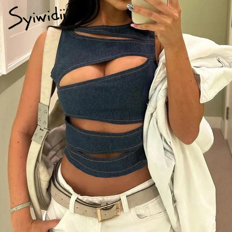 Syiwidii irregular hollow denim vest womens sleeveless O-neck ultra-thin vest summer sexy streetwear womens top 250320