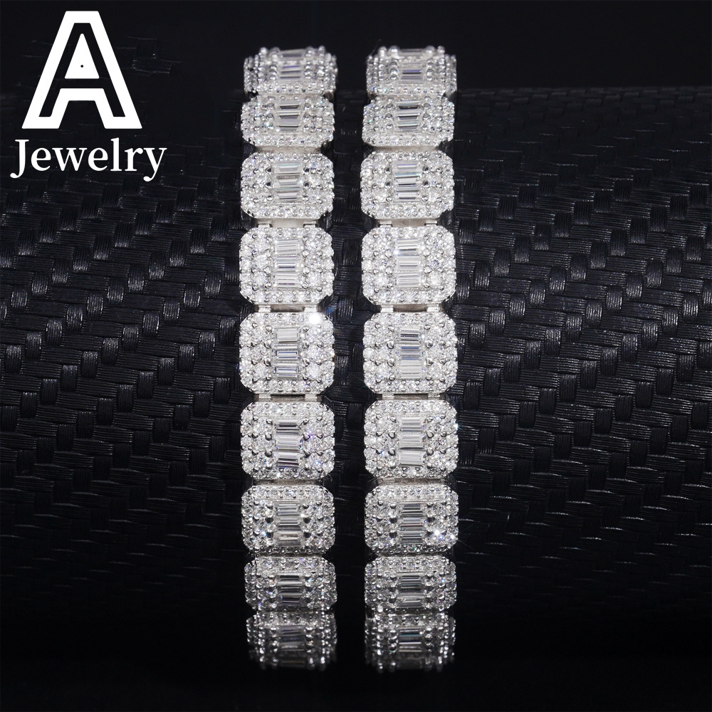 Iced Out Jewelry VVS Moissanite Cuban Bracelet 9MM Baguette Cut Diamond Cuban Link Men Hip Hop Silver Bracelet