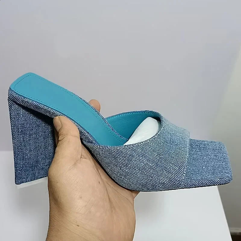 Square Heels Slipper Woman Satin Square Peep Toe Sandals Woman Summer Mules High Heels Runway Shoes Modern Slippers Women 250322