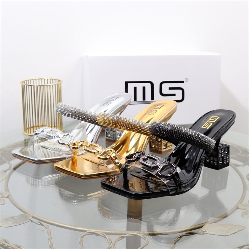 Womens slippers summer fashion Transparent belt metal decoration box shaped square Alien heel high heels wearing sandals 250322