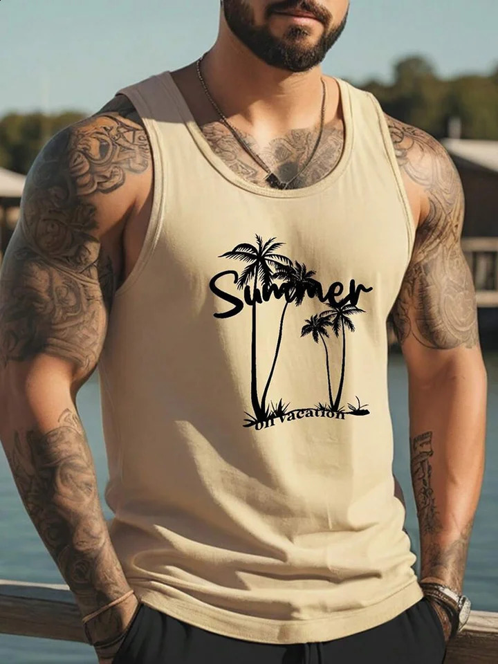 3D Coconut Tree Print Mens Tank Top Summer Outdoor Run Fitness Sports Tees Casual O-neck Loose Sleeveless Shirt Gym T-shirt Man 250324