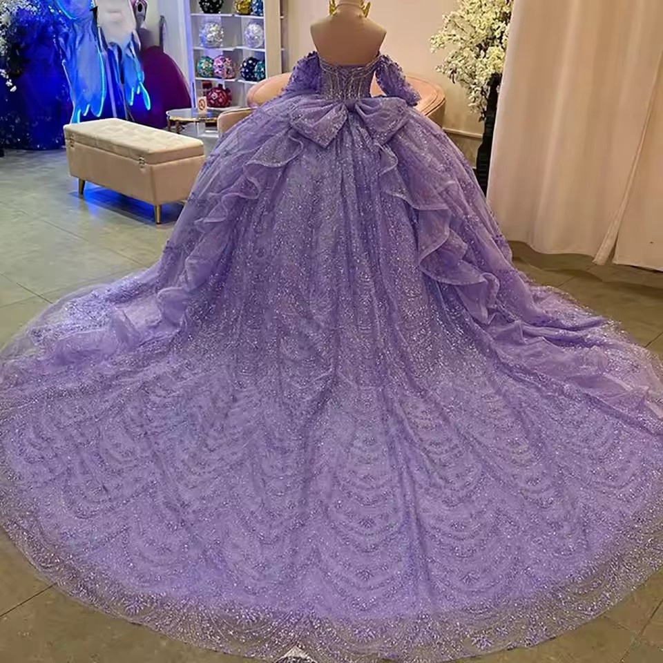Lilac Long Sleeve Bow Ruffles Quinceanera Dresses 2025 Ball Gown Glitter Crystal Sequined Sweet 15 Anos Mexican Customized