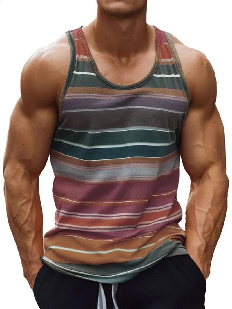 Funny 3D Color Stripe Printed Mens Tank Top Fashion Breathable Gym T-shirt Outdoor Run Fitness Sports Sleeveless Shirt Man Vest 250324
