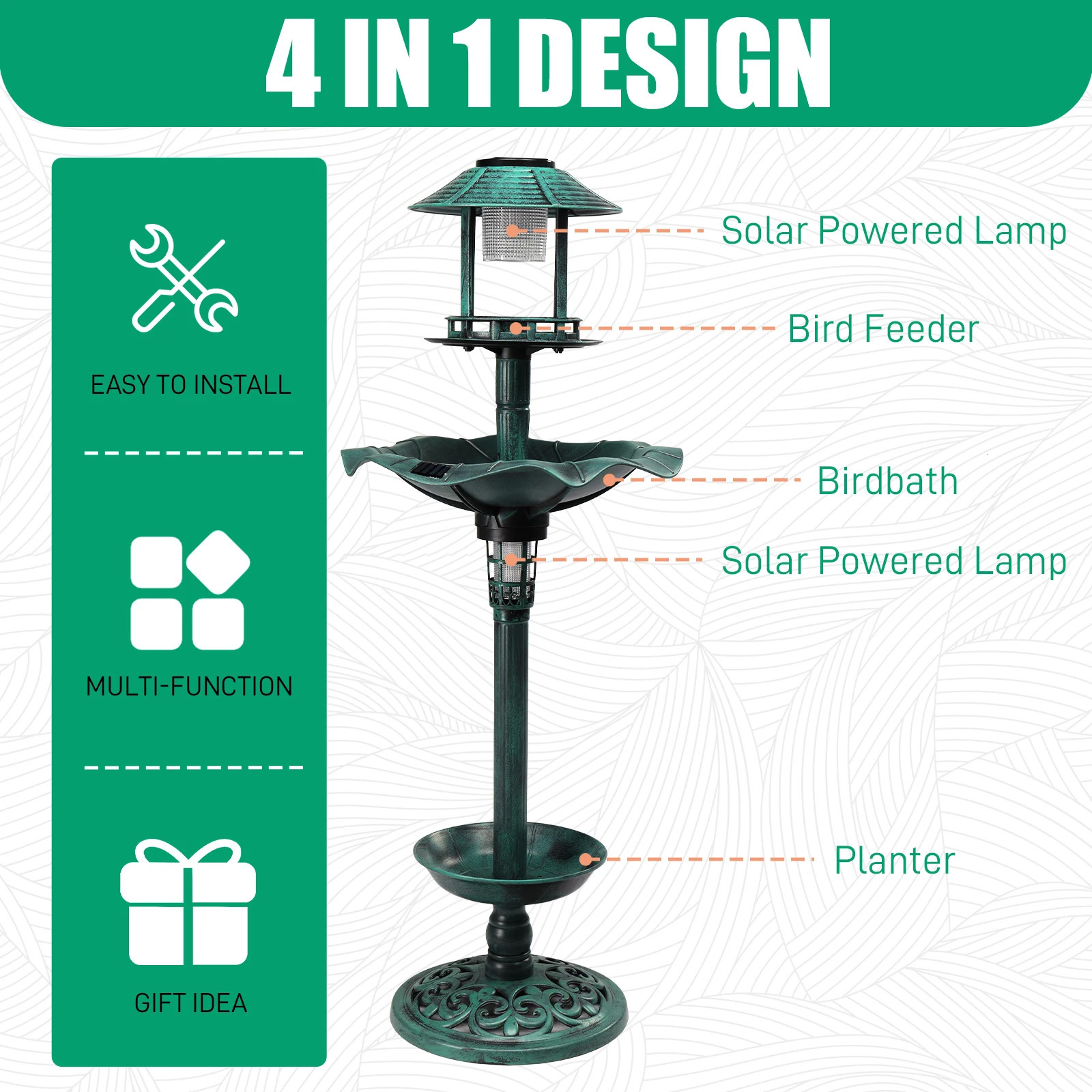 Outdoor solar light base bird bath resin fountain decoration with plants and feeder 250320