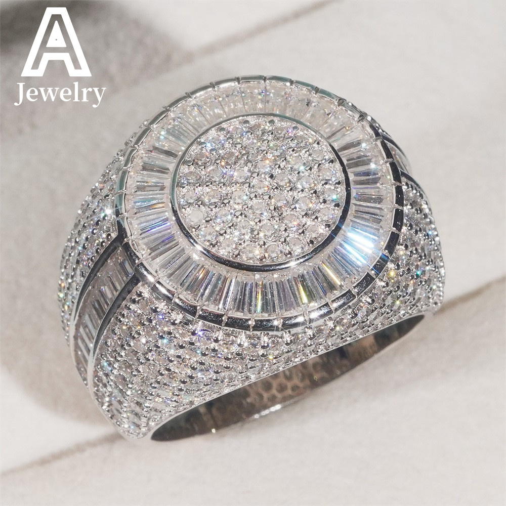 Half Iced Out Baguette Cut Moissanite Diamond Rings Men Fashion Wedding Bands 925 Sterling Silver Hip Hop Jewelry