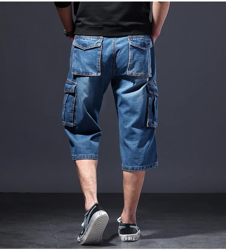 Summer thin and loose multi pocket work denim shorts casual jeans for men 5 pieces 7 ankle length blue straight leg 250312