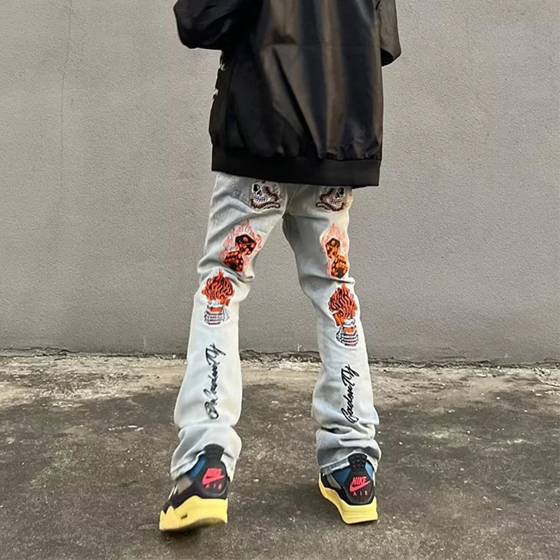 Y2K mens jeans fashionable skull y patch denim Trouser spring and summer fashion ultrathin elastic street clothing 250320