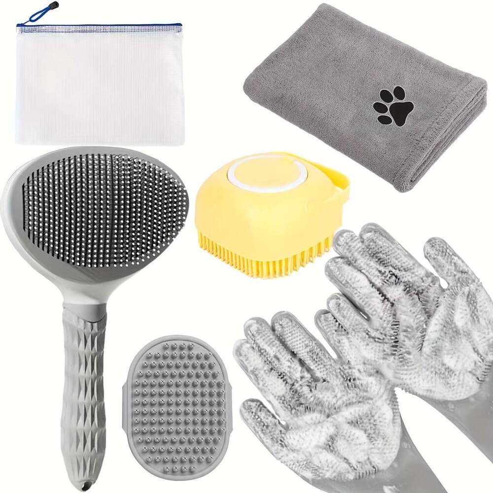 DHpet Complete Pet Grooming Kit - Bath Gloves, Absorbent Towel, Multifunction Brushes