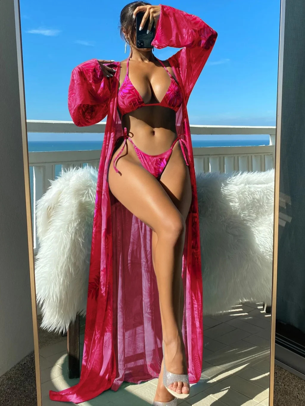 3 pieces of triangle striped bikini swimsuit womens and kimono swimsuits womens sexy swimsuit beachwear 250321