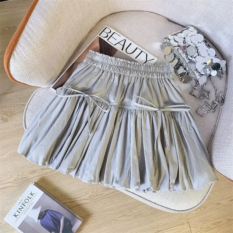 Y2K Bow White Mini Skirt for Women Cute Kawaii Pleated Fluffy Skirts Woman 2025 Summer Sweet High Wasit A-Line Streetwear Skirt 250322