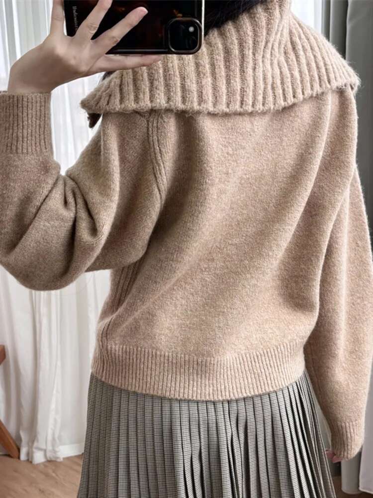 Autumn/Winter New Navy Collar Thick Warm Single Breasted Sweater Coat Women's Pure Color Simple