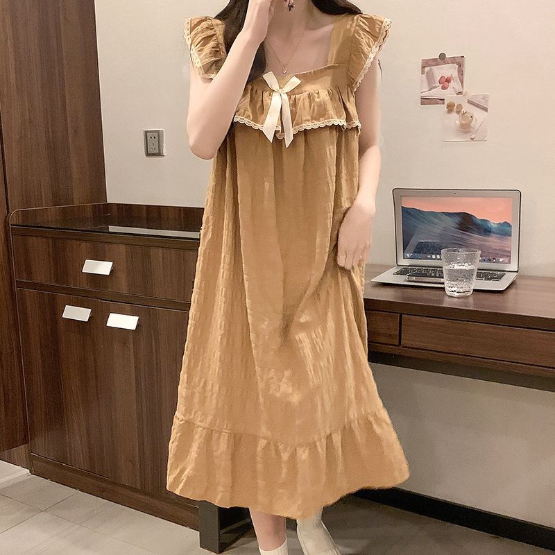 G135 Suspender Nightdress with Chest Pad Pajamas Women's Summer Sweet Solid Color Loose Midi Dress