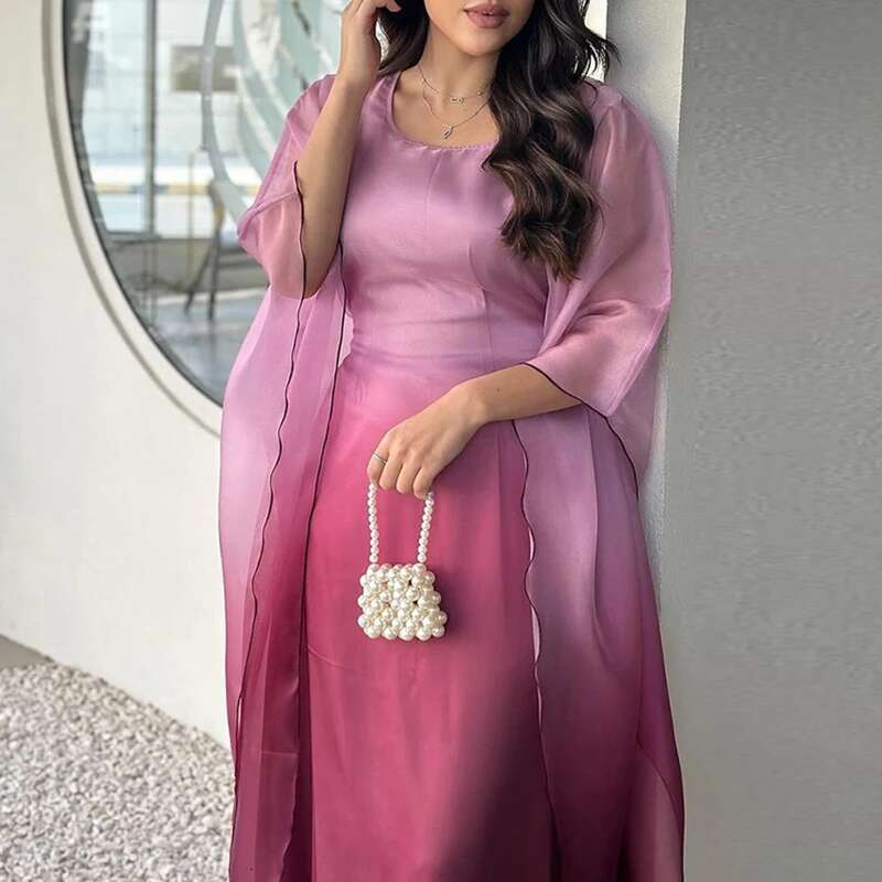 Gradient Printed Loose Women Banquet Elegant O-Neck Batwing Sleeve Long New 2024 Fashion Satin Slim Robe Dress Mujer