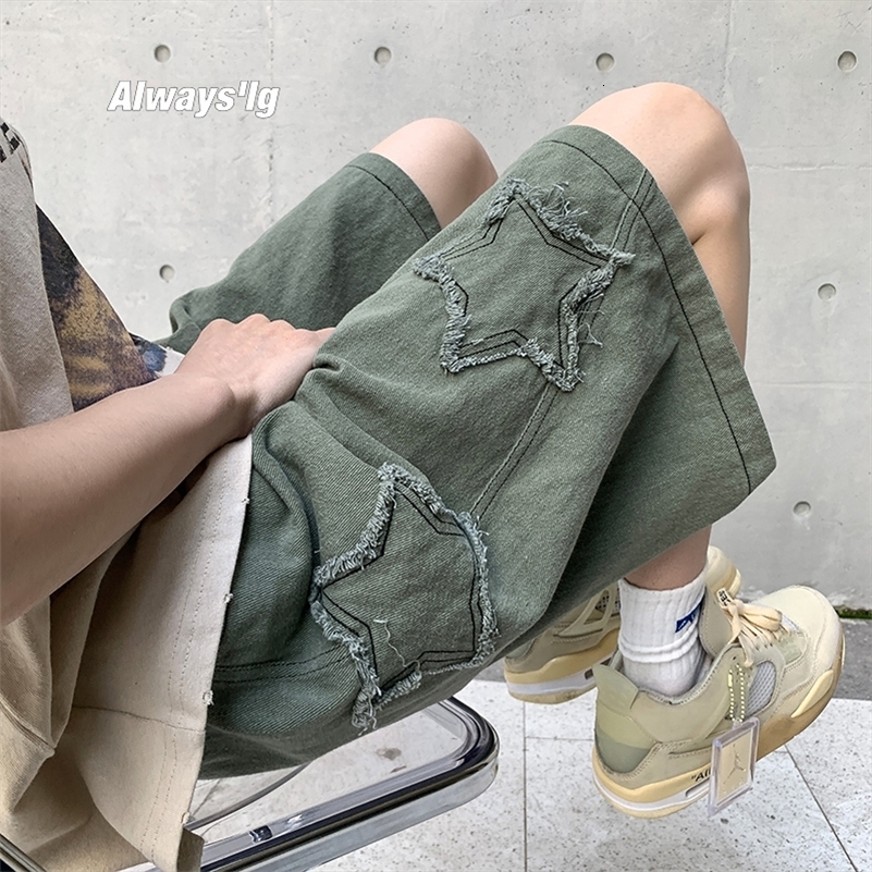 Star Patchwork Shorts Men Vintage Denim Summer Basic Simple All-match High Waist Leisure Ulzzang Streetwear Chic Shorts 250317