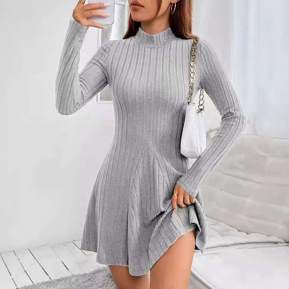 Elegant Women Simple Slim Short Solid Striped Sweater Long Sleeve Round Neck 2024 Autumn Winter Commute Street Dress