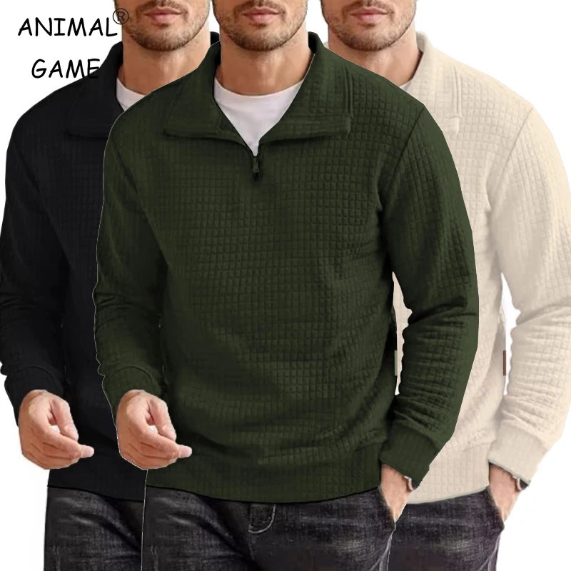 Streetwear mens stand up collar sweater half zip autumn lapel track set large sports solid color outdoor jacket 250318