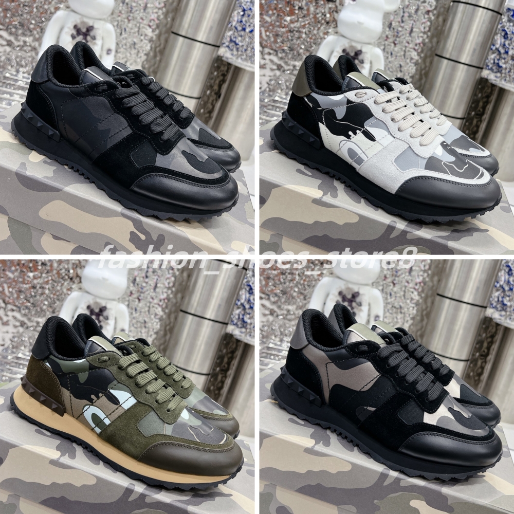 Designer Rockrunner Camouflage Men Casual Sneakers Top Quality Leather Platform Rivet Trainers rubber sole military triple black white sports Running Shoes