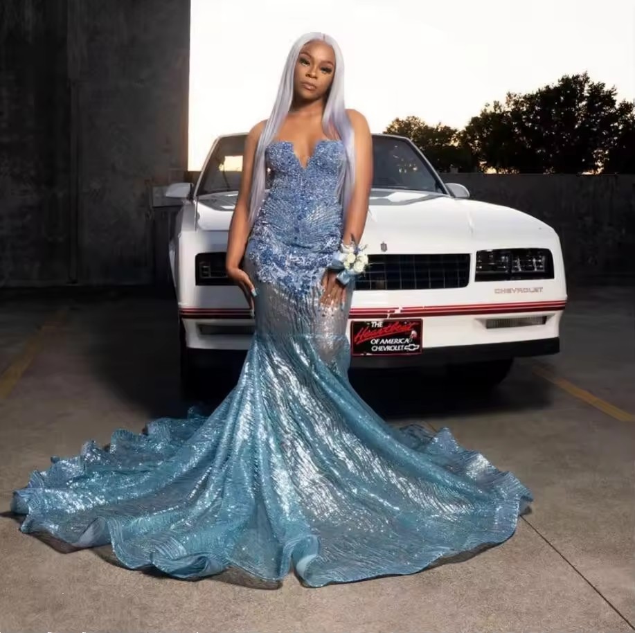 Pale Blue Trumpte Prom Formal Dress customsiz Sparkly Dia Crystal Black Girl Birthday Runway Gown Gillter Celcebrity dresses