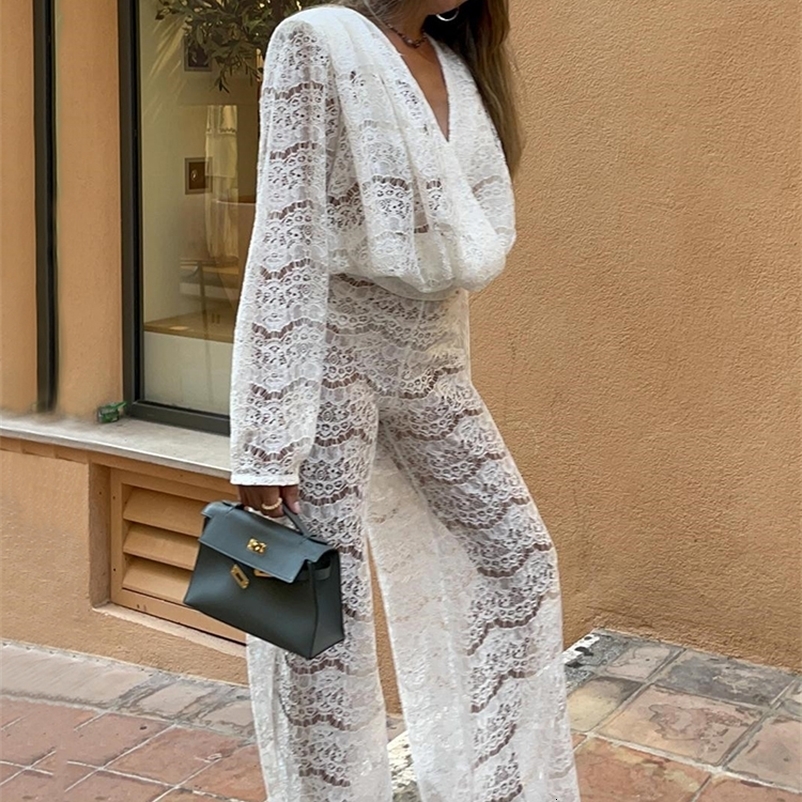 Sibybo Streetwear Lace Pants Sets For Women Sexy Deep V Neck Loose Tops High Waist Wide Leg Pants Two Piece Matching Outfits 250322