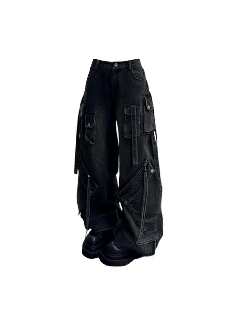 Women's Black Gothic Baggy Cargo Jeans Haruku Oversize Denim Trousers Y2k 90S Vintage 2000S Emo Jean Pants Trashy Clothes 2024
