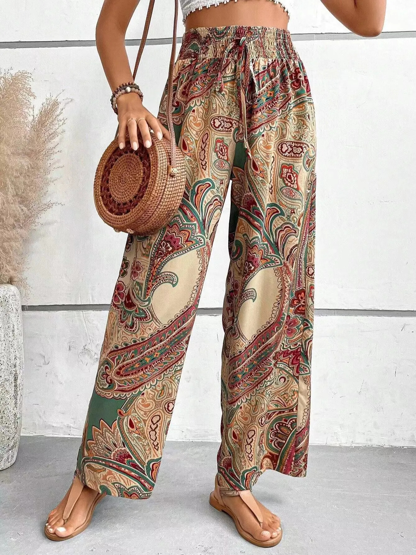 Fashionable retro printed wide leg pants for womens casual high waisted Trouser 2024 springsummer office clothing 250324