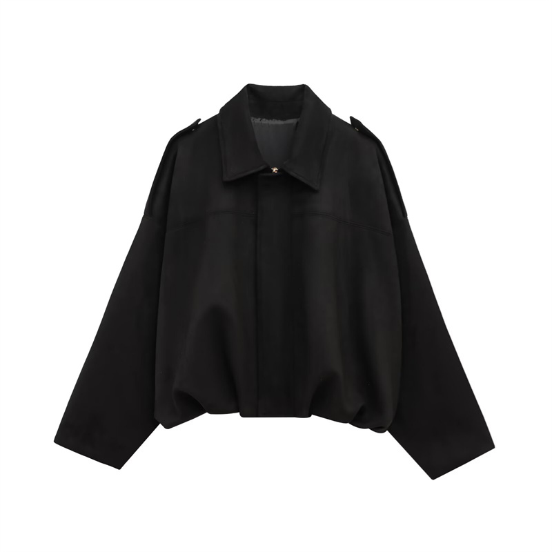 2025 Spring Casual Women's Clothing Fashion Bat Sleeve Collar Suede Texture Effect Pilot Jacket Solid Color Decoration