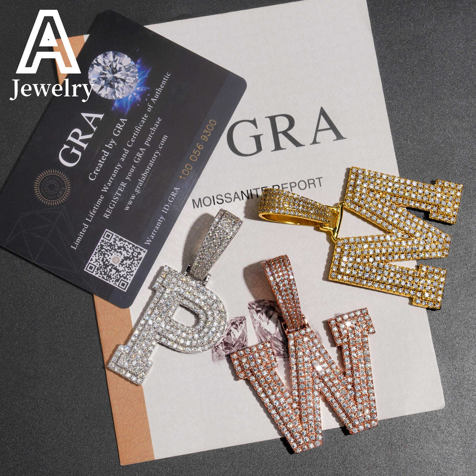Iced out hip hop fashion jewelry A-Z 26 letter moissanite pendants custom initial pendant 925 silver jewelry