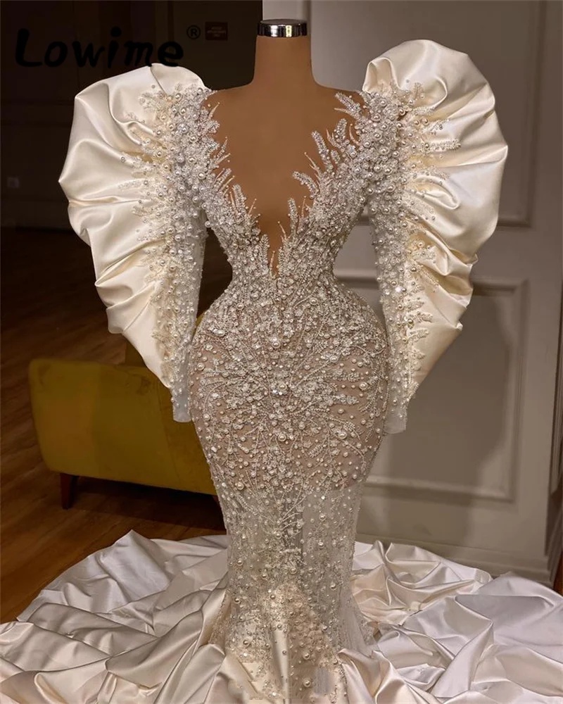 Gorgeous Mermaid Wedding Dress Sheer Neck Long Sleeves Bridal Gowns Pearls Appliques Ruffles Sweep Train Dresses Custom Made vestidos de novia