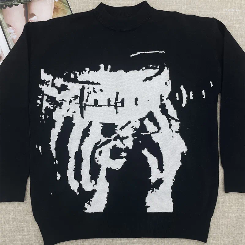 Mens Sweaters Men Autumn Winter Casual Sweater Streetwear Knitted Retro Gothic Portrait Print Pullover Hip Hop Graphic Harajuku Vintage
