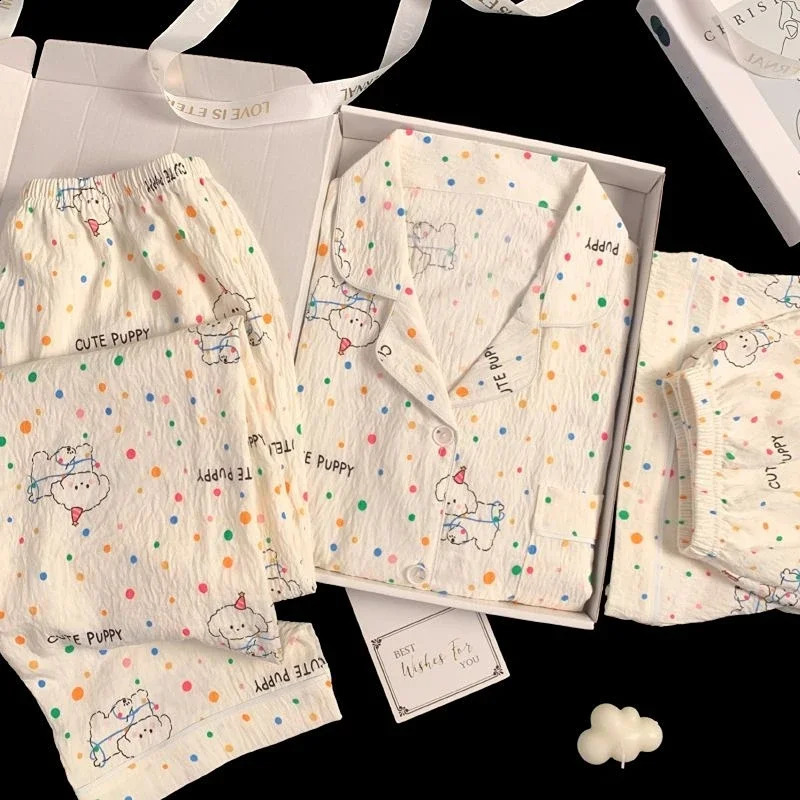 Colorful cartoon printed womens 3-piece pajamas Kawaii Sweet Cloud Cotton Homewear Spring/Summer pajamas 250321