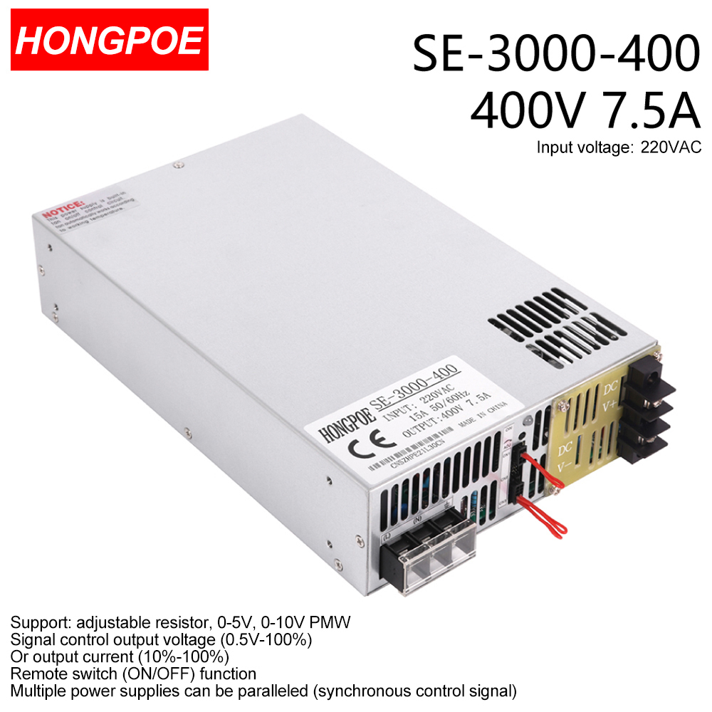 3000W 400V Power Supply 0-400V Adjustable Power 400VDC AC-DC 0-5V Analog Signal Control SE-3000-400 Power Transformer 400V 7A 110V/220VAC input
